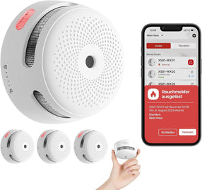 5 intelligente Rauchmelder X-Sense XS01-WX und ein Telefon mit der Home Security App