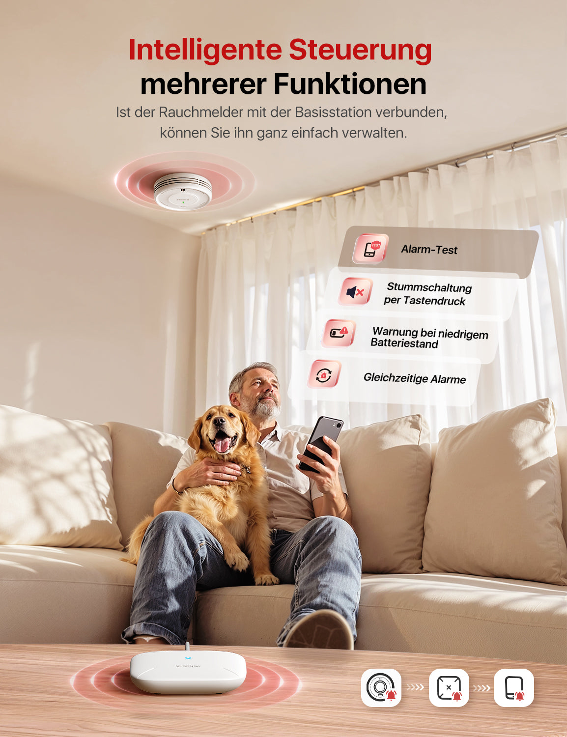 Ein Mann sitzt mit seinem Hund auf dem Sofa und steuert den WLAN-Rauchmelder X-Sense XS0D-MR an der Decke über sein Telefon.