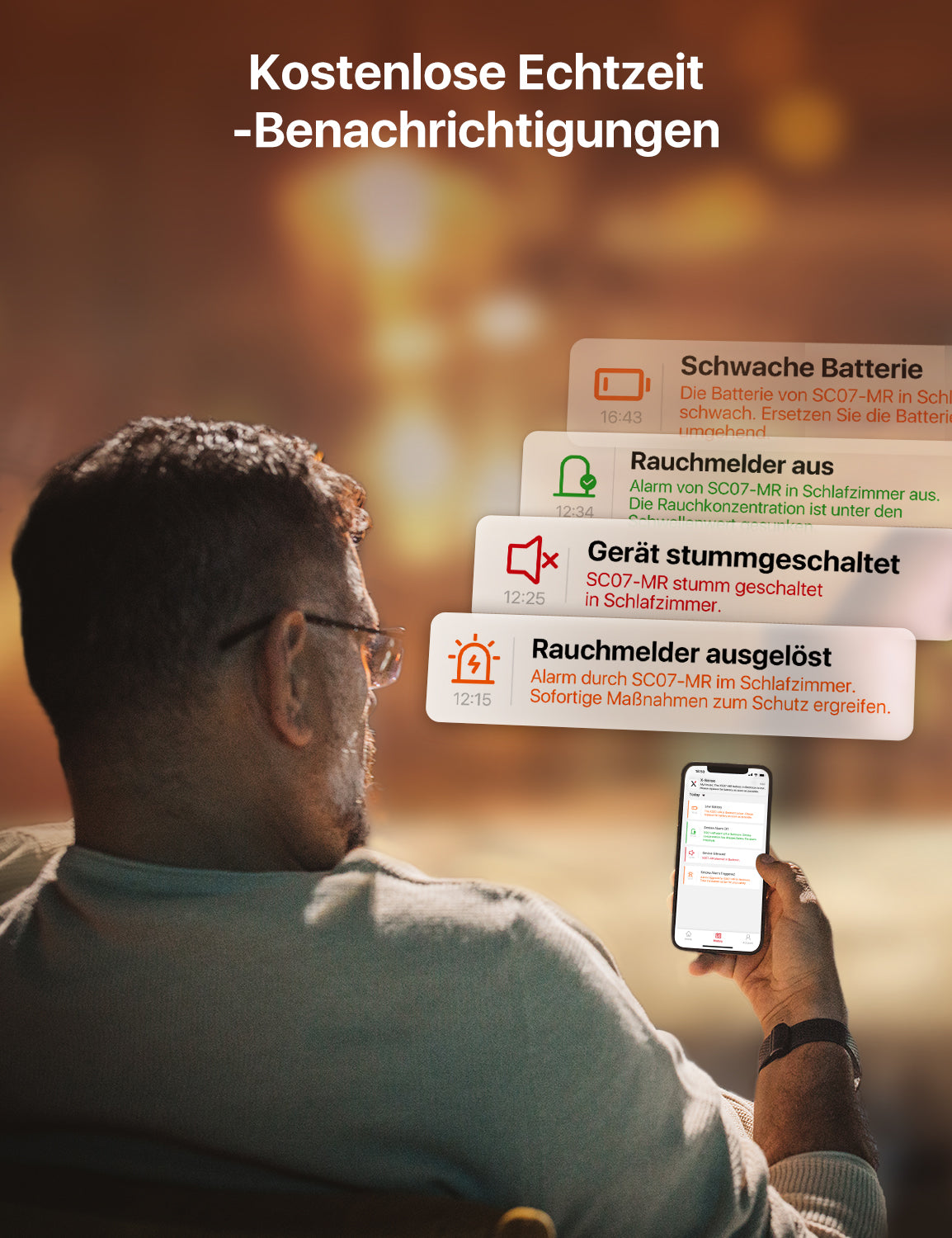 Eine Person überprüft die Benachrichtigungen der X-Sense Home Security App