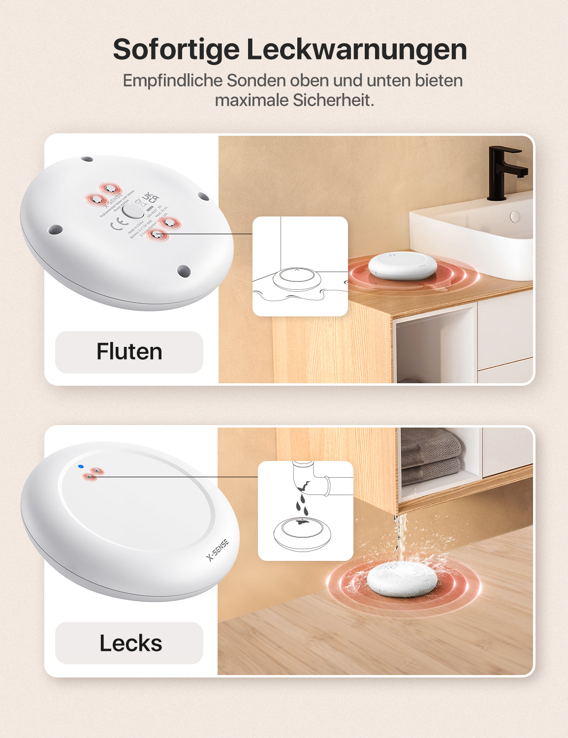 Der WLAN-Wassermelder X-Sense SWS0A verfügt über vier Sensoren an der Unterseite und zwei an der Oberseite, wodurch er gleichzeitig stehendes Wasser und tropfende Lecks überwachen kann.