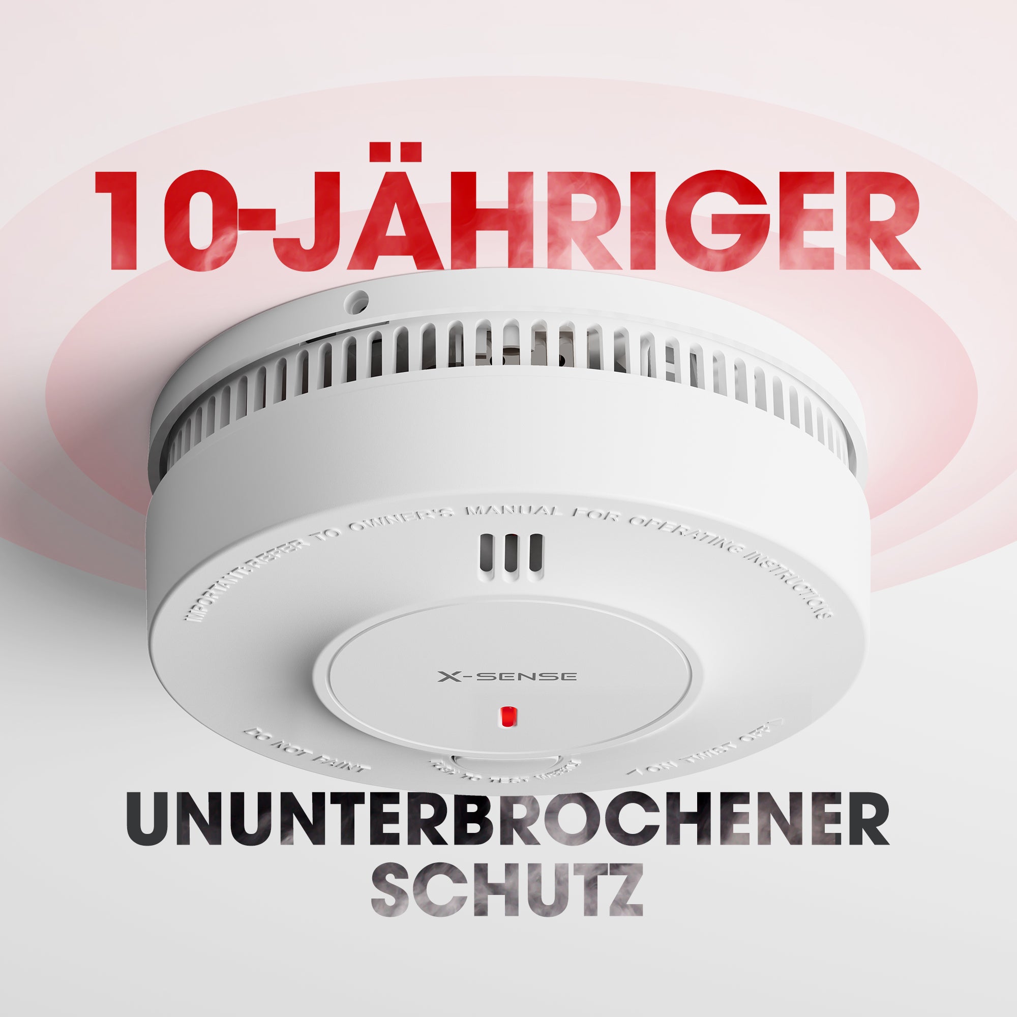 In der Mitte des Bildes befindet sich ein vernetzter X-Sense SD19-W Rauchmelder, darüber in Rot „10-JAHRIGER“ und darunter in Schwarz „UNINTERRUPTED PROTECTION“.
