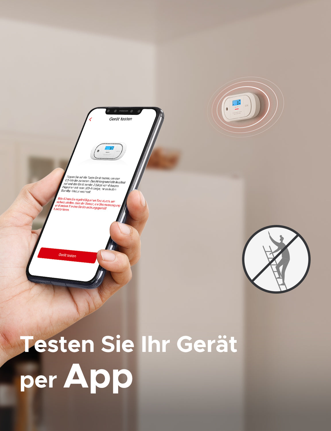 Eine Person testet den Kohlenmonoxidmelder X-Sense XC01-M über die App.