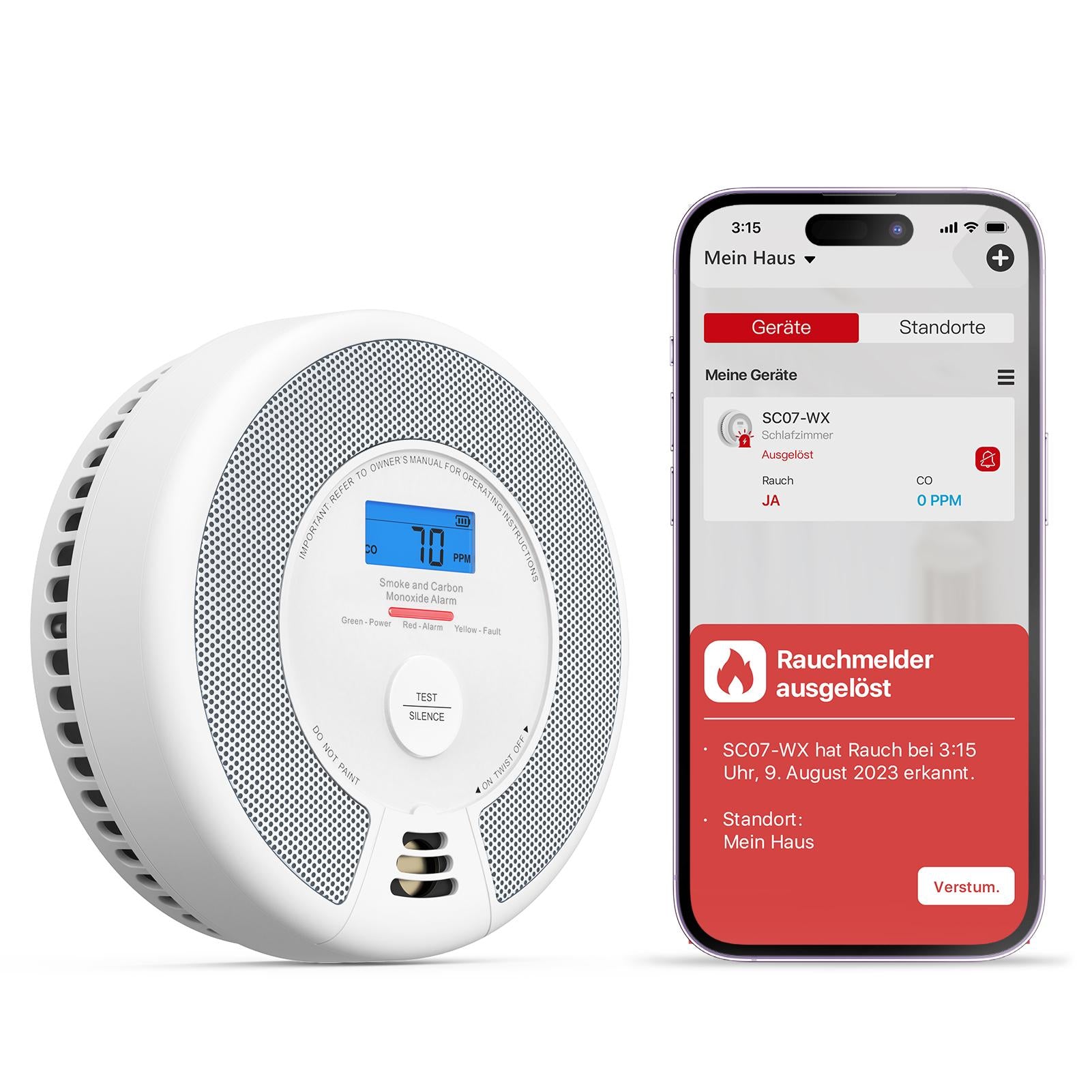 Ein X-Sense SC07-WX Rauchmelder mit Kohlenmonoxid-Melder und ein Smartphone mit der Home Security App.