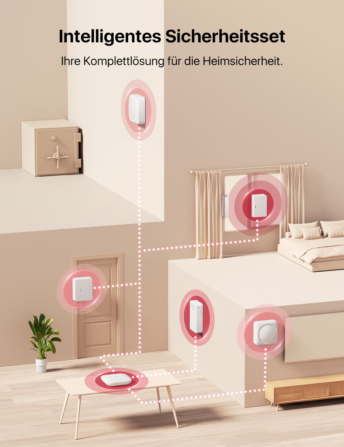 X-SENSE Bewegungsmelder, Fensterkontakt, Türkontakt an verschiedenen Orten im Haus installiert und über die SBS50-Basisstation miteinander verbunden.