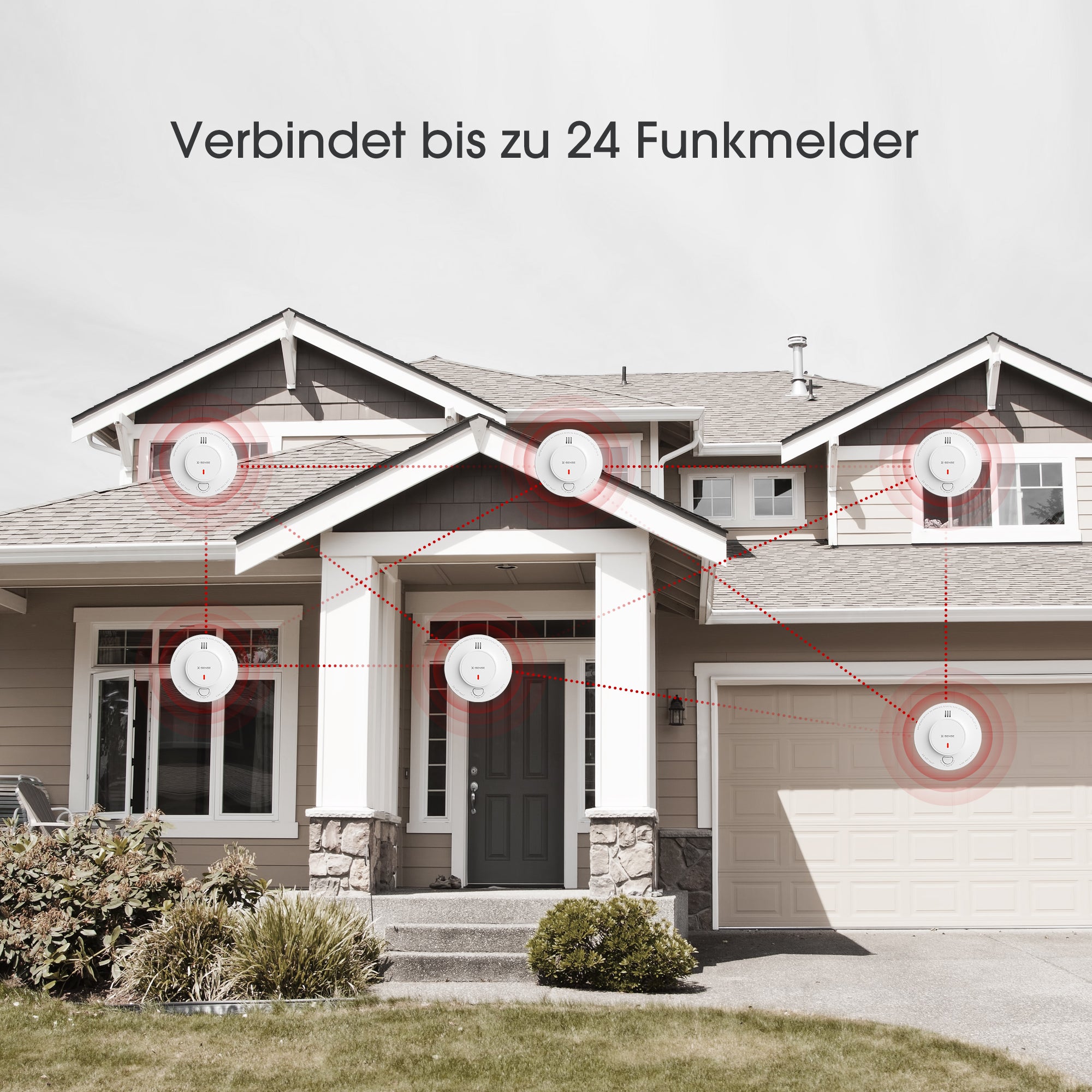 Sechs an verschiedenen Stellen im Haus installierte Rauchmelder vom Typ SD19-W sind drahtlos miteinander verbunden.