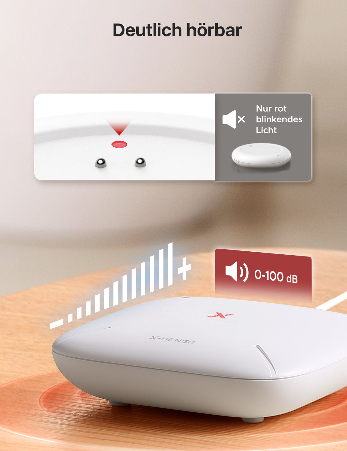 Der X-Sense SWS0A verfügt über eine gut sichtbare Kontrollleuchte und einen Alarmton im Bereich von 0-100 dB.