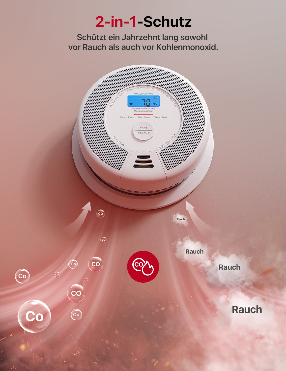 ein X-Sense SC07-MR Rauch- und CO-Melder, der CO und Rauch in der Luft erkennt