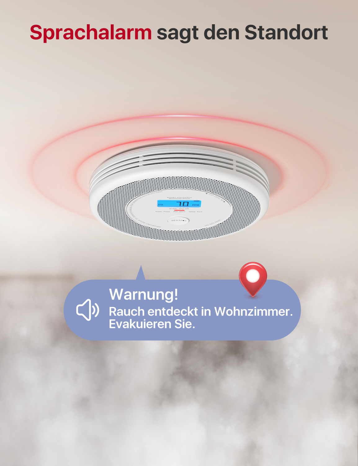 X-Sense XP-0A MR gibt einen Sprachalarm aus.