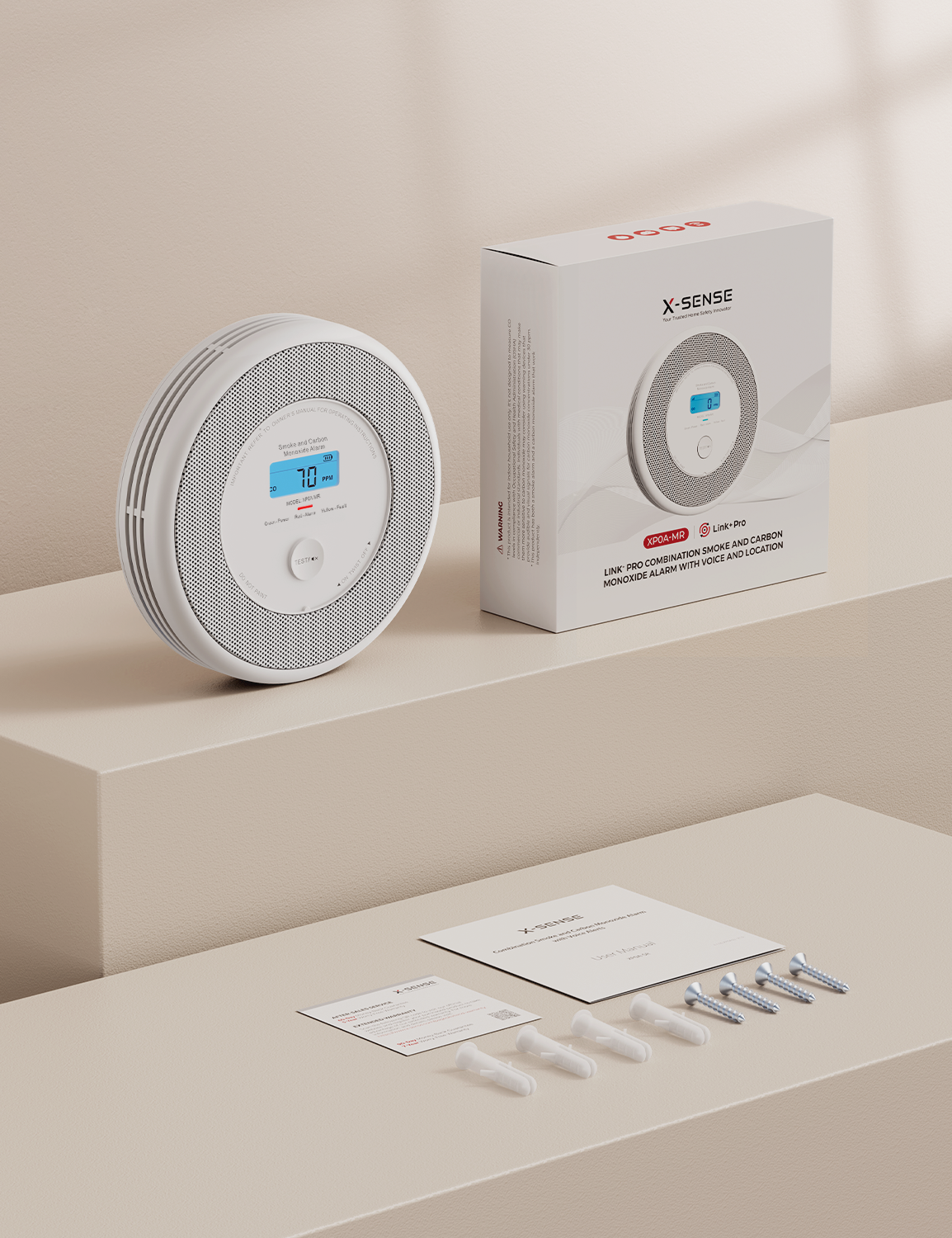 X-Sense XP0A-MR Rauchmelder und Co-Melder, Verpackungsbox und Zubehör im Inneren.