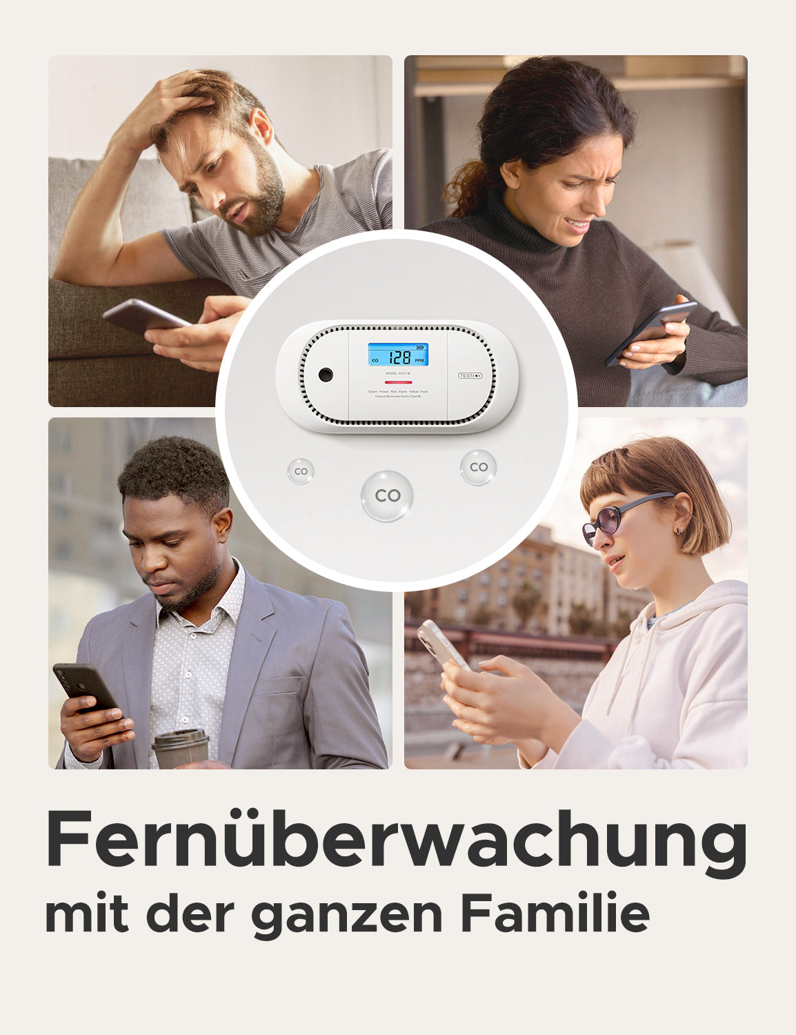 Vier Personen sehen die Benachrichtigung auf ihren jeweiligen Smartphones.