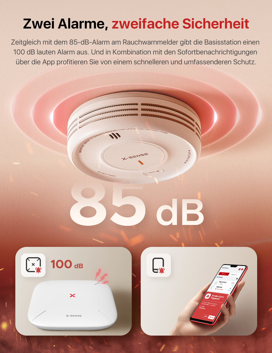 Der X-Sense XS0D-MR Rauchmelder mit WLAN verfügt über eine Alarmstufe von 85 Dezibel, während die Basisstation über eine Alarmstufe von 100 Dezibel verfügt.