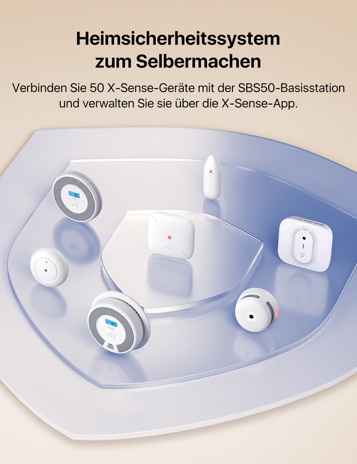 Die X-SENSE SBS50 Basisstation ist von verschiedenen Alarmgeräten umgeben, was darauf hindeutet, dass diese zu einem Schutznetzwerk verbunden werden können.