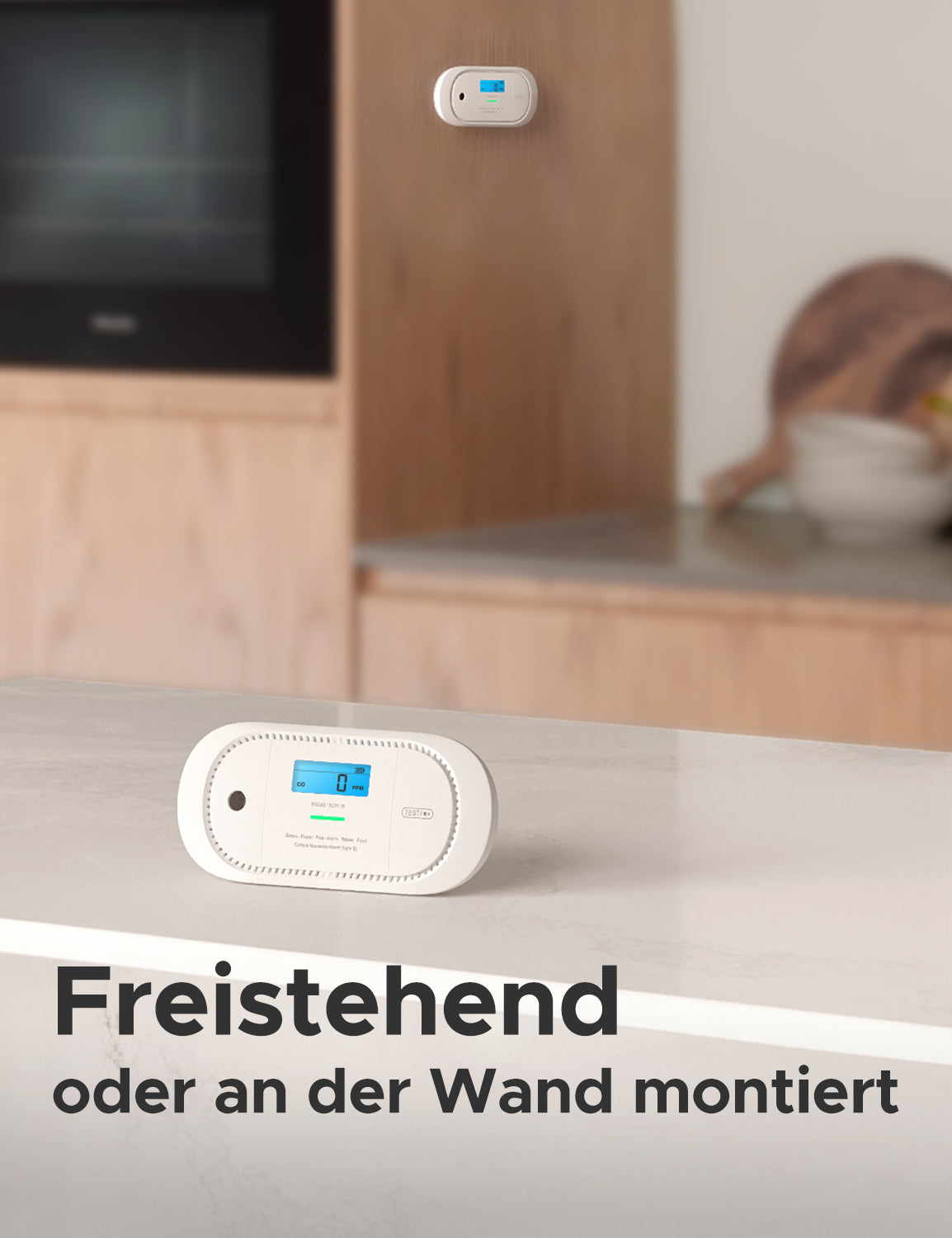 Der Kohlenmonoxidmelder XC01-M kann an der Wand montiert oder auf einem Tisch aufgestellt werden.