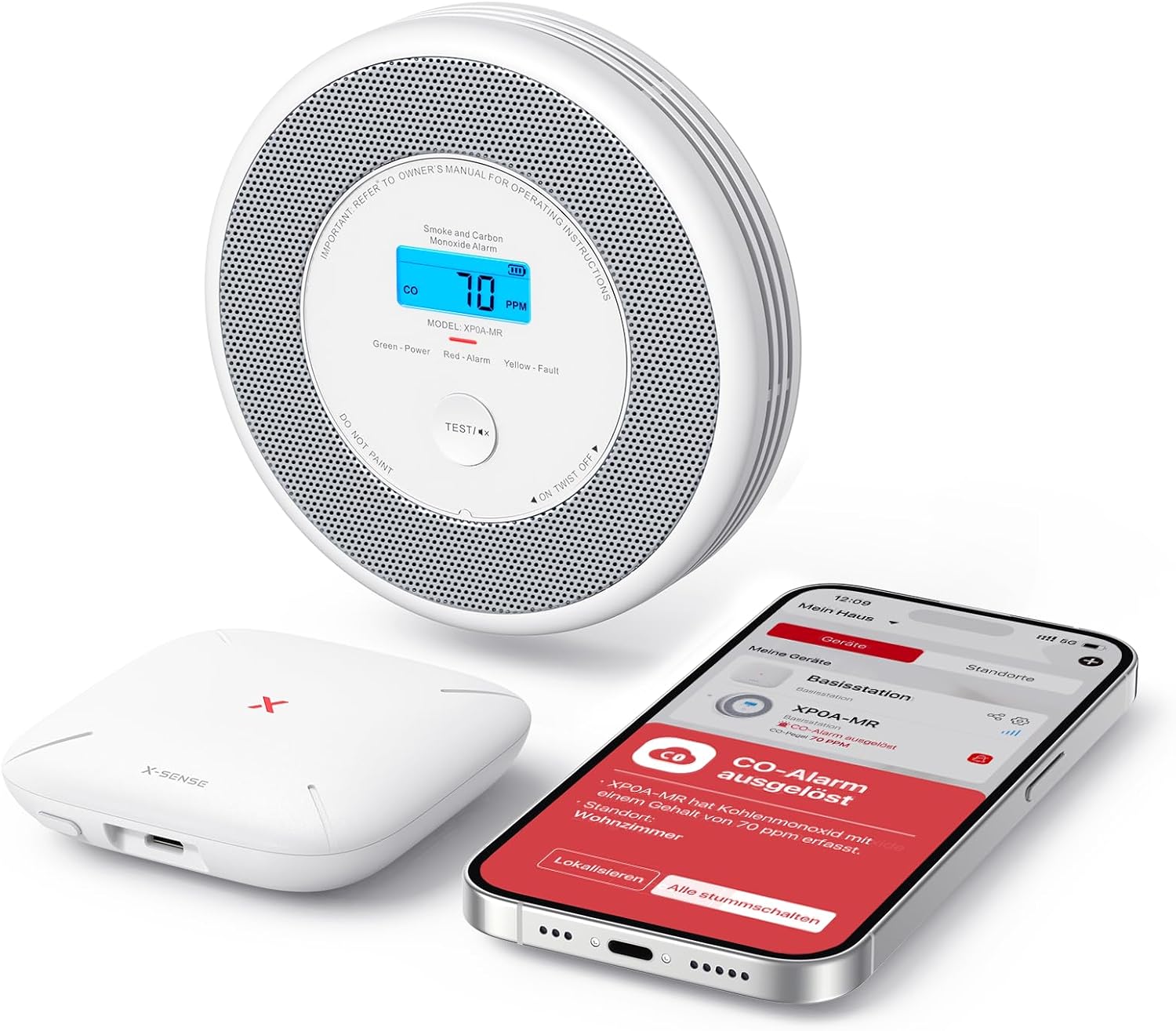 ein X-Sense XP0A-MR Kohlenmonoxid-Melder und Rauchmelder, eine SBS50-Basisstation und eine Home-Security-App zum Öffnen des Telefons