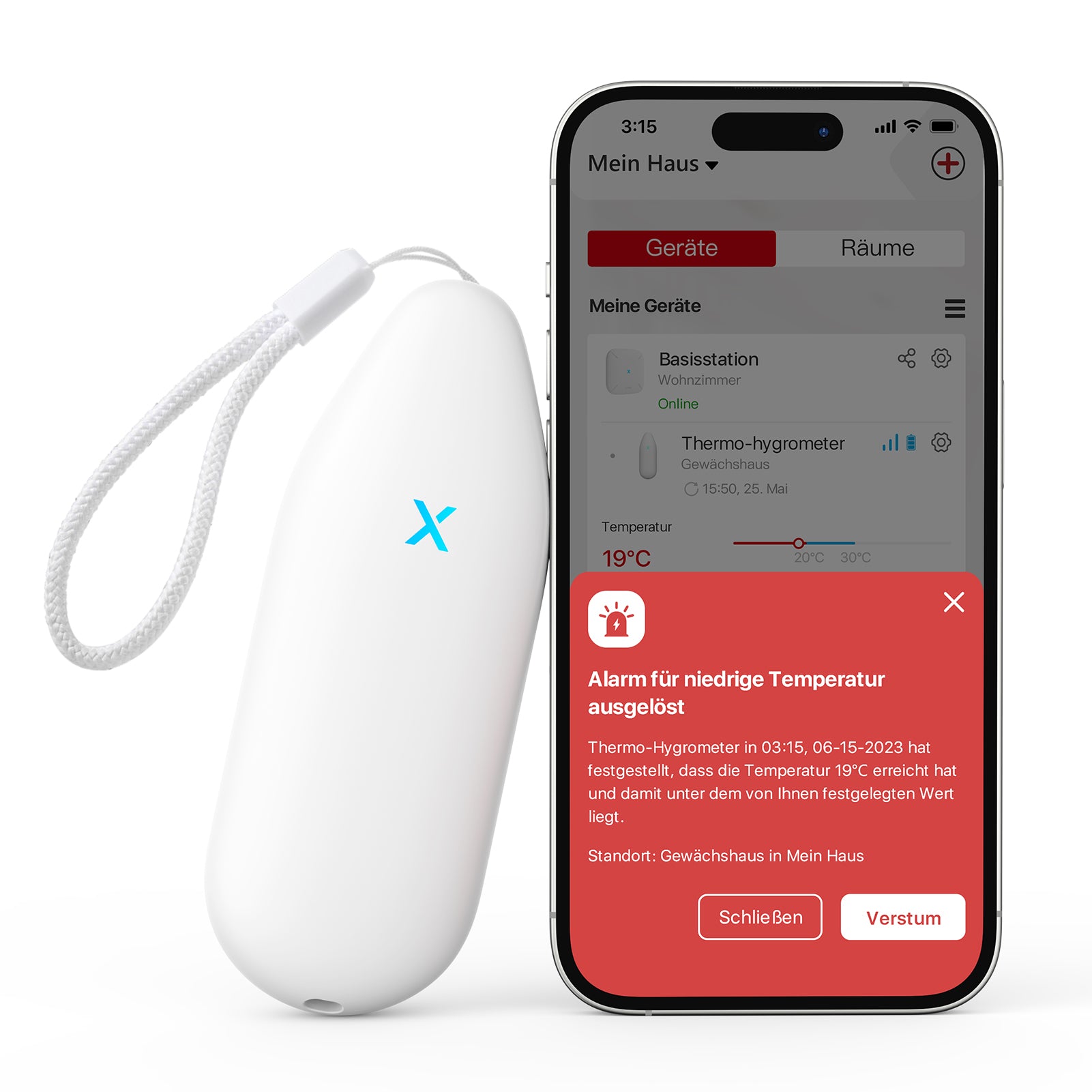 Ein X-Sense STH51 Thermometer mit Hygrometer und ein Smartphone mit geöffneter Home Security App