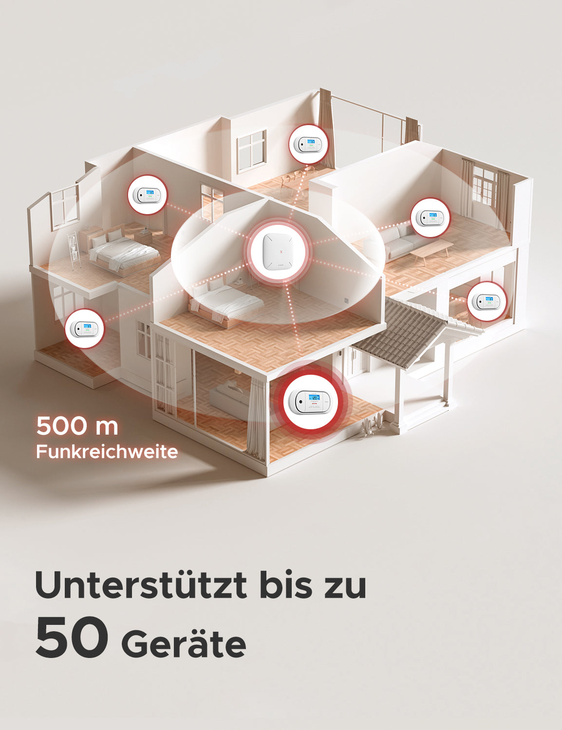 Der Kohlenmonoxidmelder X-Sense XC01-M kann in mehreren Räumen installiert und über die SBS50 miteinander vernetzt werden. Bis zu 50 Geräte können mit der Basisstation verbunden werden, wodurch eine Reichweite von bis zu 500 Metern erreicht wird.