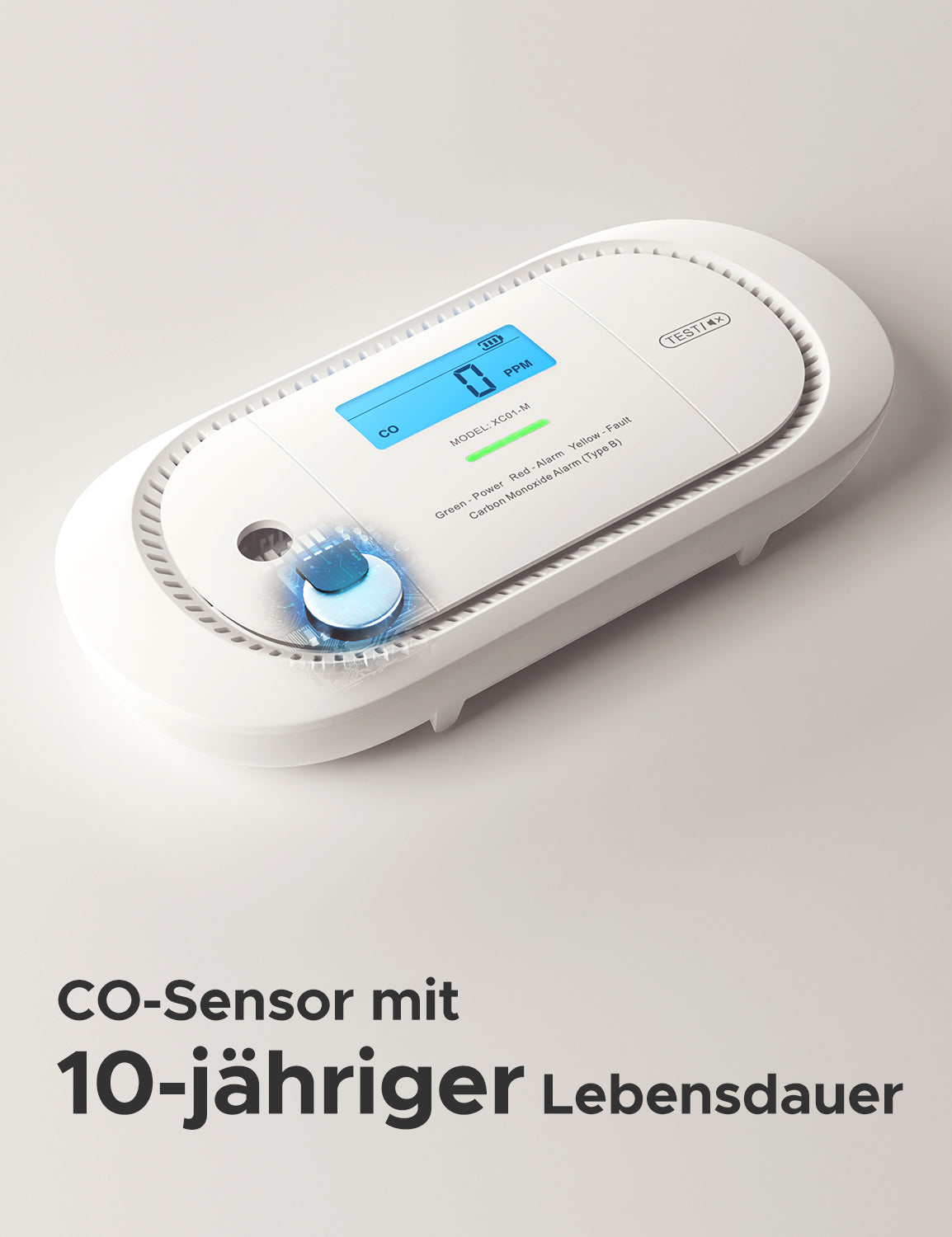 Der Kohlenmonoxidsensor des XC01-M hat eine Lebensdauer von 10 Jahren.