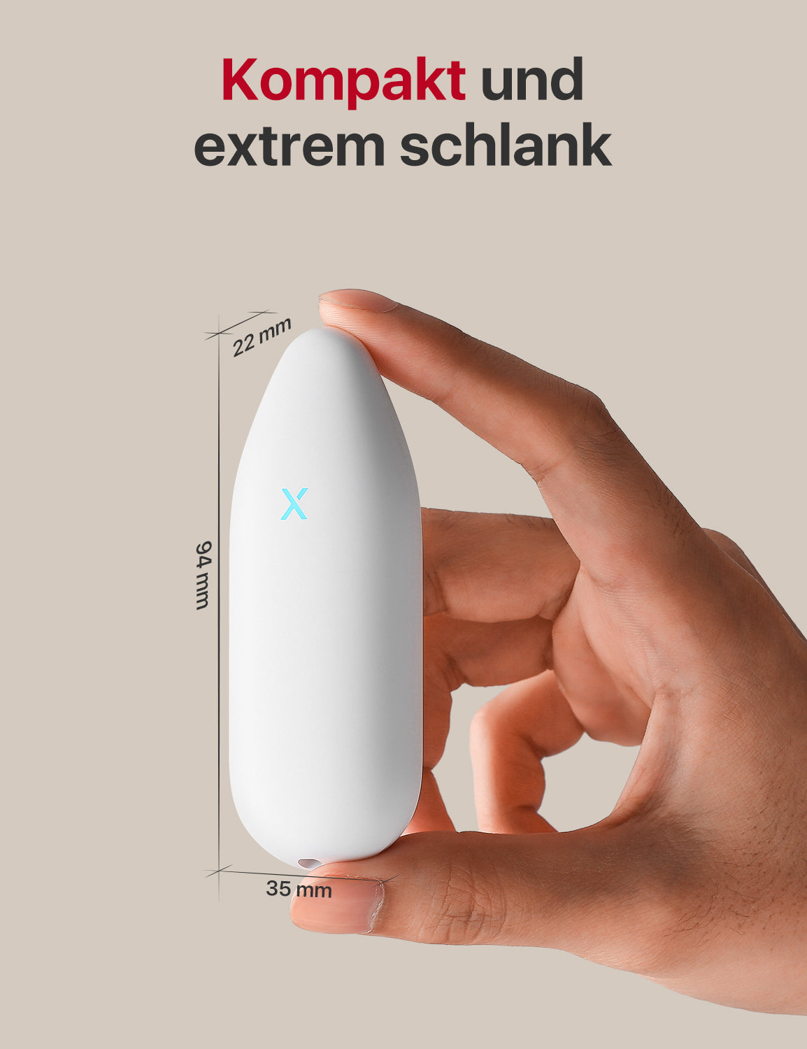 In einer Hand hält er ein Thermometer und Hygrometer vom Typ STH51, dessen Abmessungen darauf vermerkt sind.
