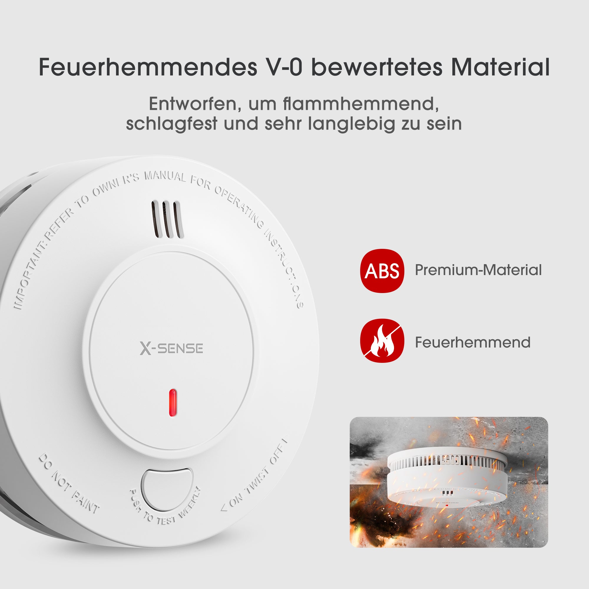 Das Bild zeigt, dass der Rauchmelder X-Sense SD19-W aus hochwertigen, flammhemmenden Materialien gefertigt ist.