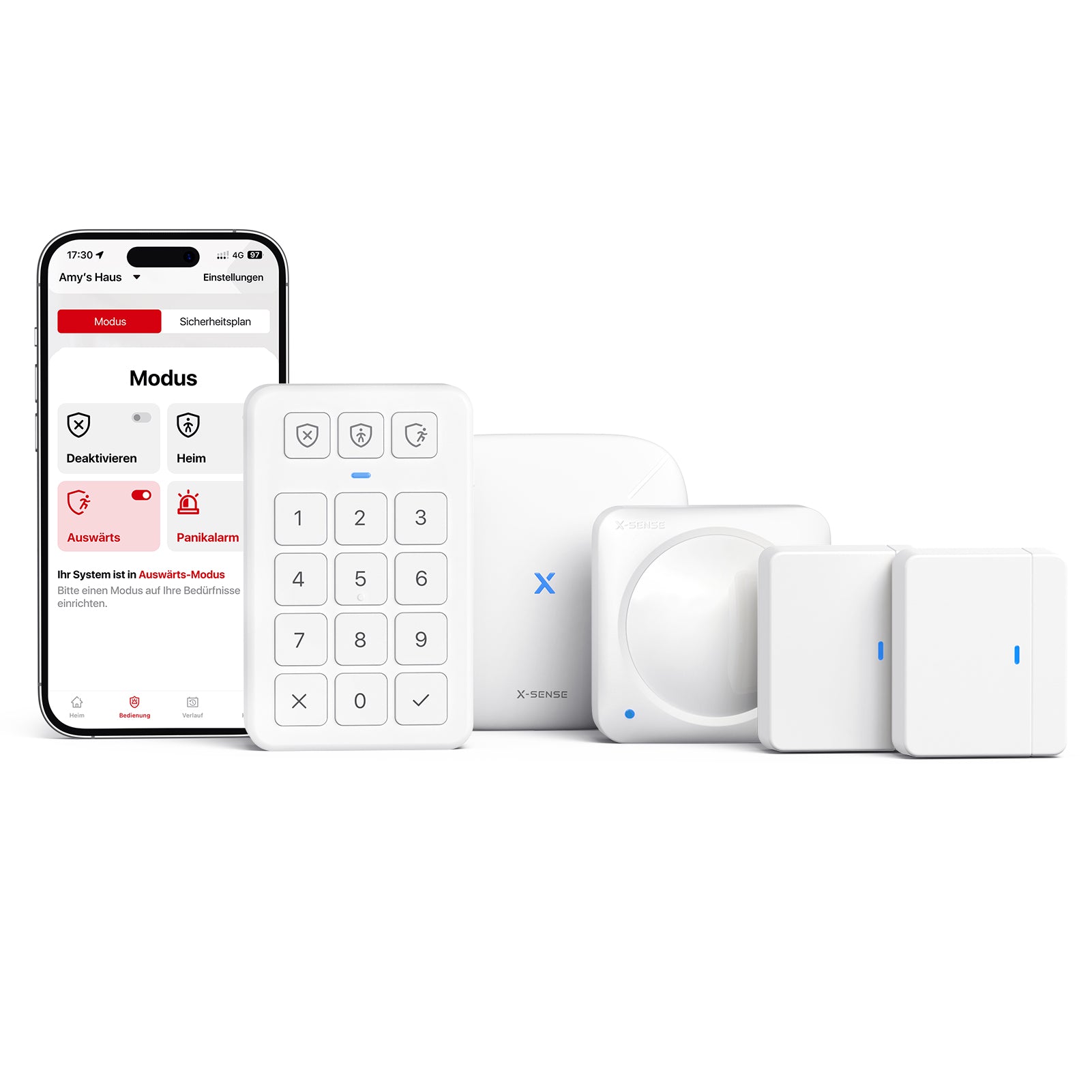 Ein X-SENSE AS05-Kit umfasst ein Tastenfeld, eine Basisstation, einen Bewegungsmelder sowie zwei Tür- und Fensteralarme.