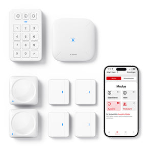 Ein X-SENSE AS08 Smart-Home-Sicherheitssystem, einschließlich 2 Innenbewegungsmelder, 4 Tür-Fensterkontakte und 1 Basisstation