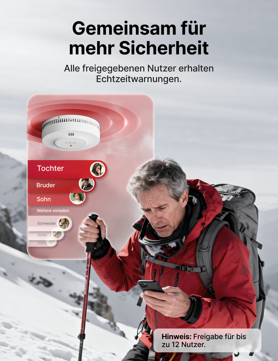Eine Person beim Bergsteigen erhält über die App eine Alarmbenachrichtigung vom X-SENSE SD19-MN Rauchmelder.