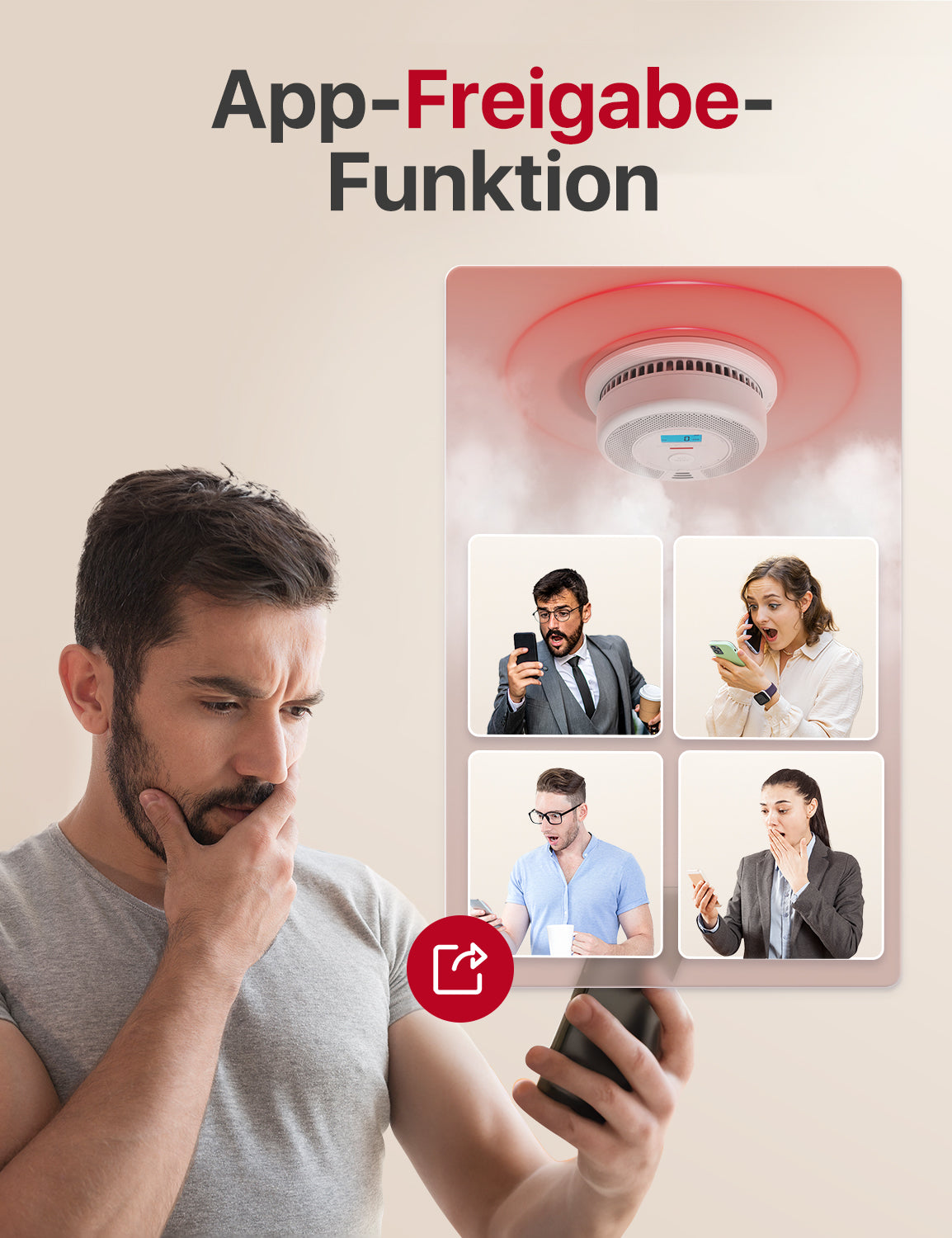 Mehrere Personen schauen gleichzeitig auf das Smartphone; darüber befindet sich ein ausgelöster X-Sense SC07-WX Rauch- und Kohlenmonoxidmelder.