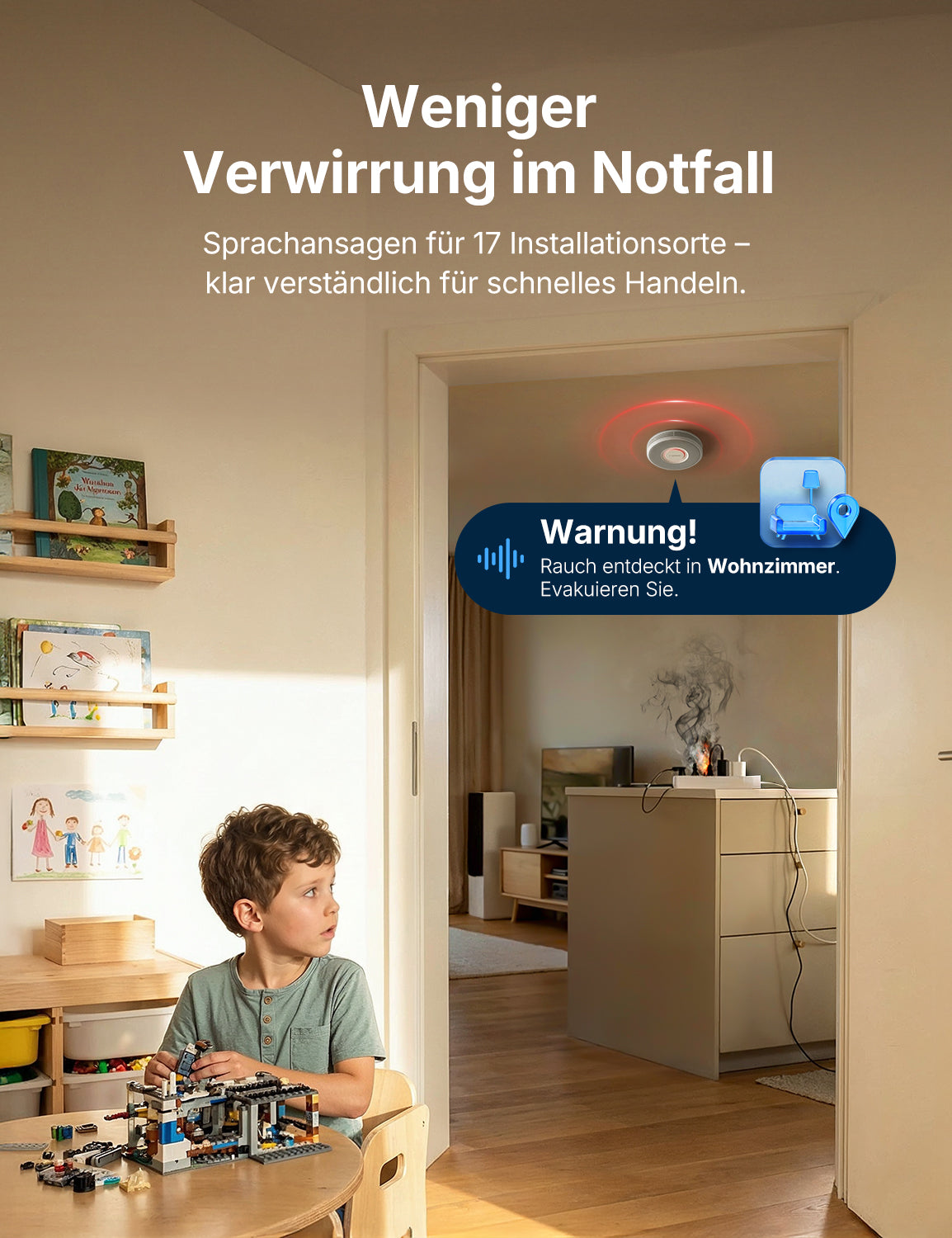 Ein Kind spielte im Kinderzimmer, als der X-SENSE XS0B-SN im Wohnzimmer Alarm auslöste.