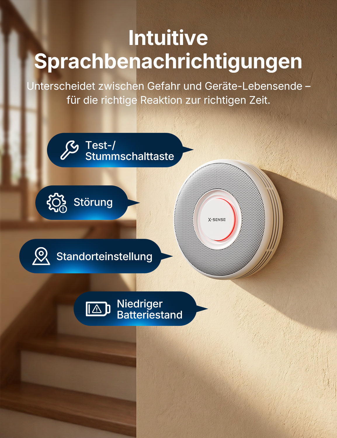 An der Ecke des Treppenhauses wurde ein X-SENSE XS0B-SN Rauchmelder installiert.