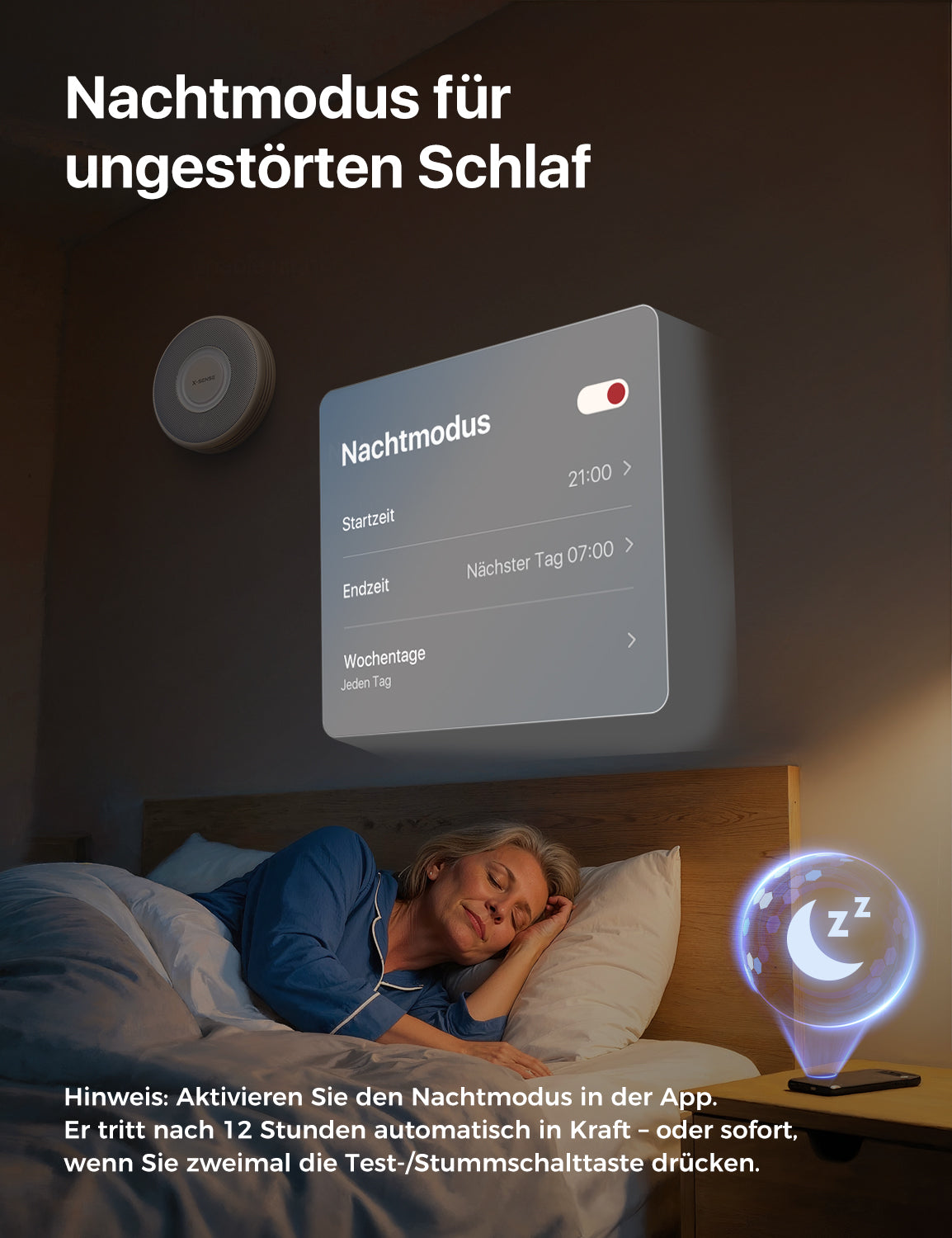Die XS0B-iR Rauchmelder an der Wand befindet sich im Nachtmodus, während eine Person im Bett schläft.