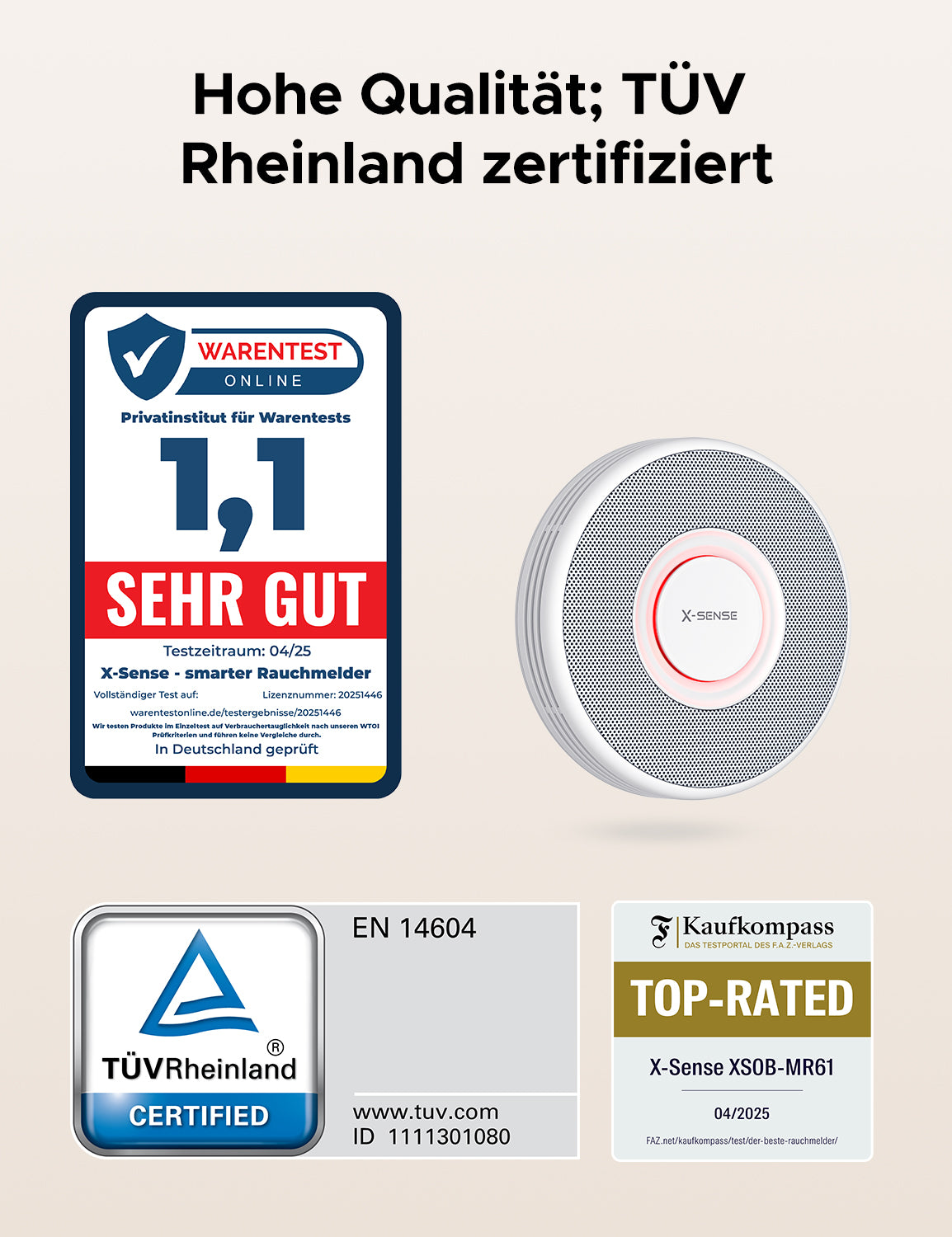 Ein X-SENSE Rauchmelder mit verschiedenen Zertifizierungssymbolen.