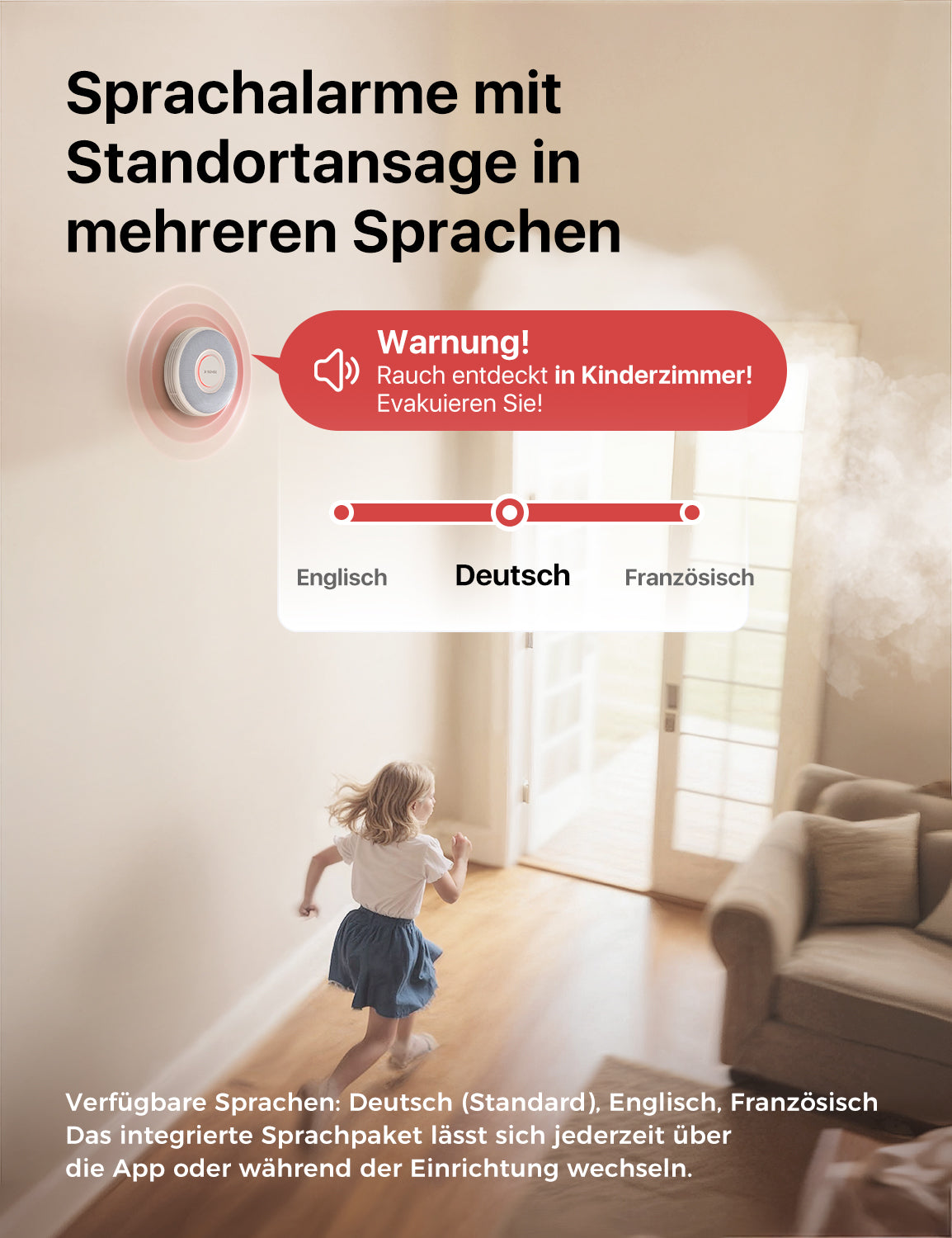 Der intelligente Rauchmelder X-SENSE XS0B-iR an der Wand gibt einen Sprachalarm aus.
