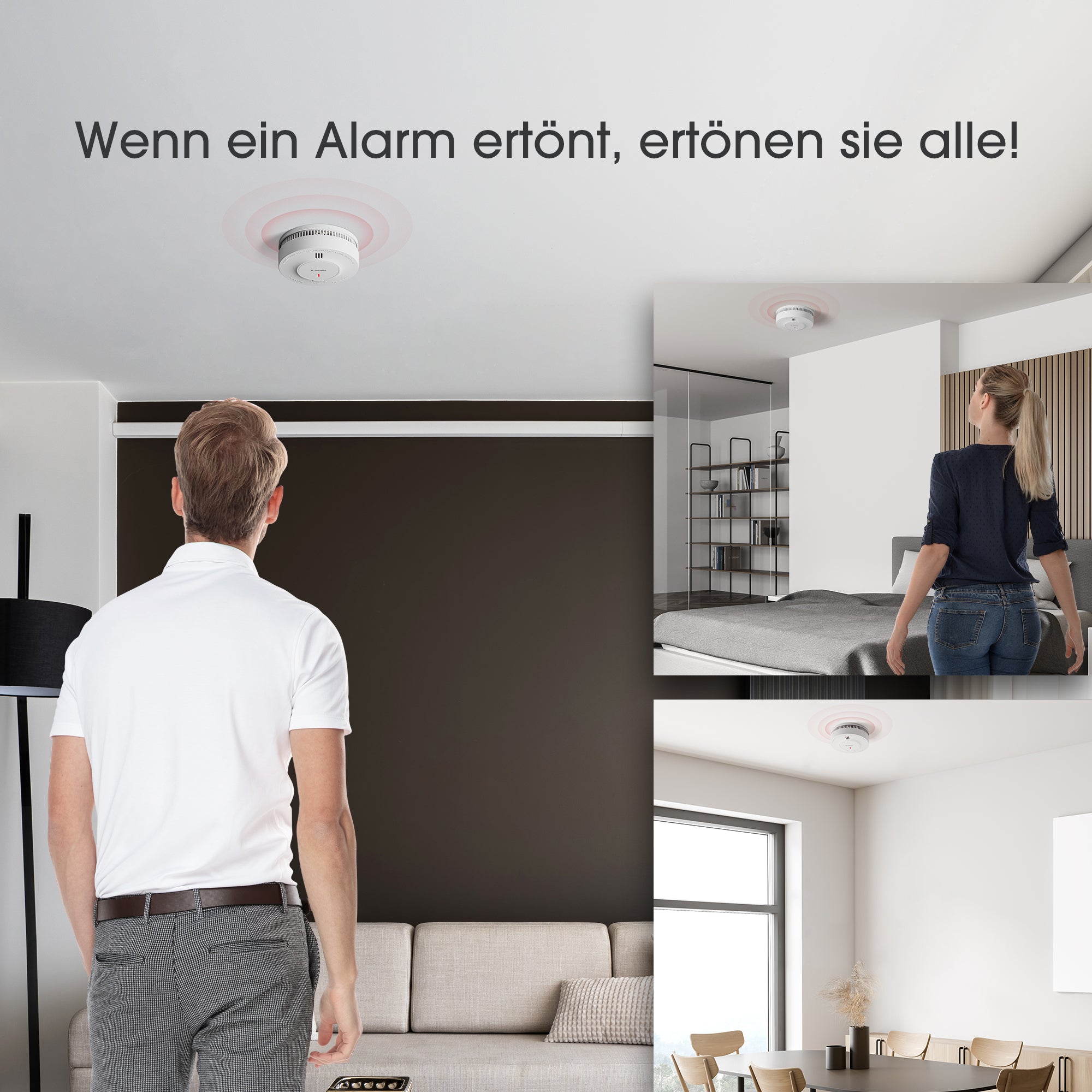 Ein Mann und eine Frau standen im Wohnzimmer bzw. Schlafzimmer und betrachteten den X-Sense SD19-W Rauchmelder an der Decke.